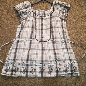 Black and grey plaid and embroidered blouse